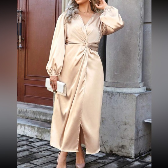 Luxe sexy twist front wrap detail satin dress - Picture 6 of 16